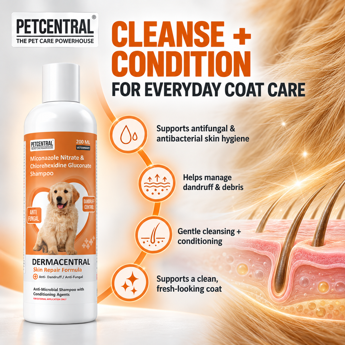 DERMACENTRAL Miconazole Nitrate & Chlorhexidine Gluconate Antifungal Dog Shampoo – Anti-Dandruff, Antibacterial, Skin Repair Formula