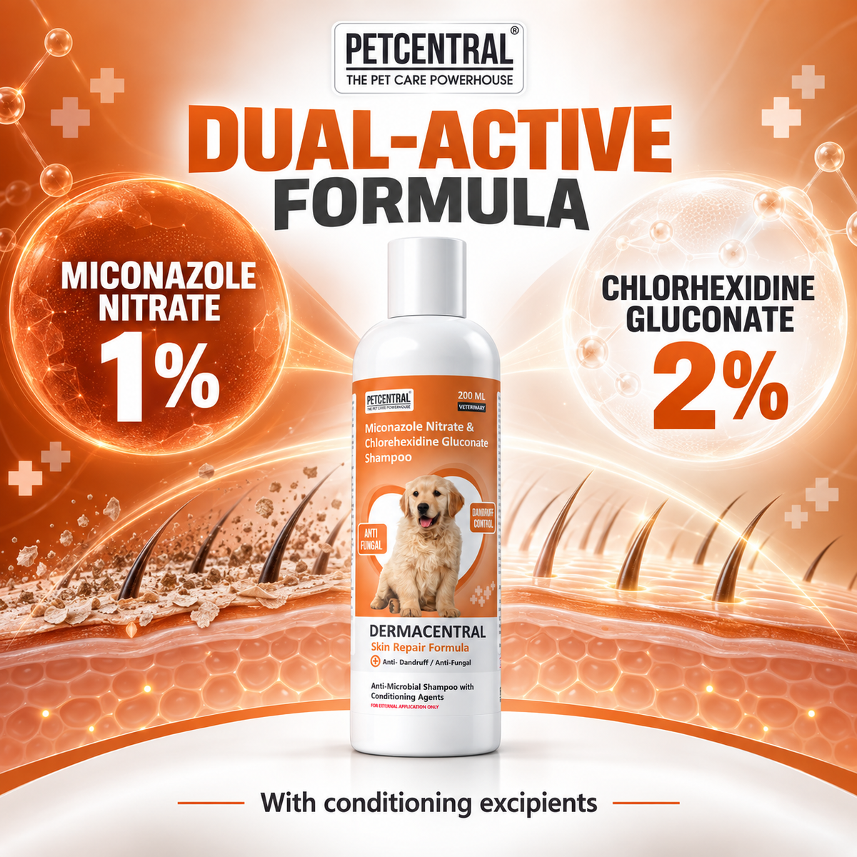 DERMACENTRAL Miconazole Nitrate & Chlorhexidine Gluconate Antifungal Dog Shampoo – Anti-Dandruff, Antibacterial, Skin Repair Formula