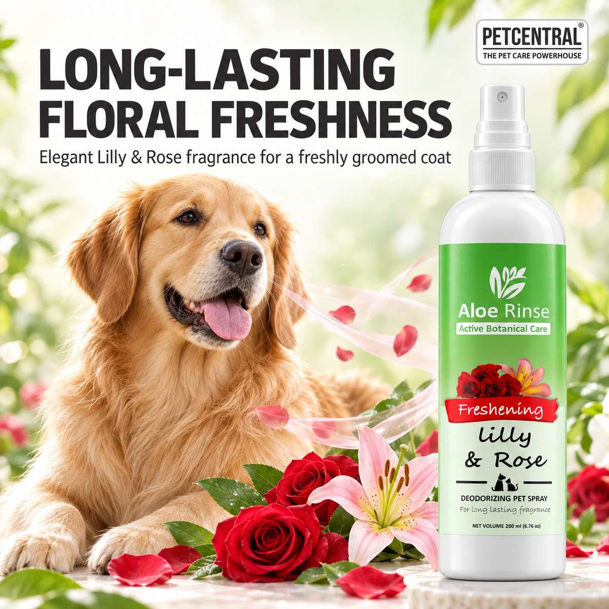 Aloe Rinse Lily & Rose Freshening Spray for Dogs & Cats - Deodorising Coat Perfume & Grooming Mist, 200 ml