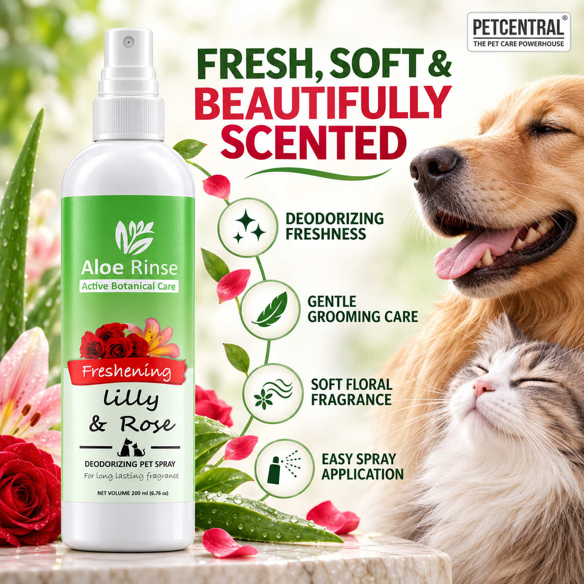 Aloe Rinse Lily & Rose Freshening Spray for Dogs & Cats - Deodorising Coat Perfume & Grooming Mist, 200 ml