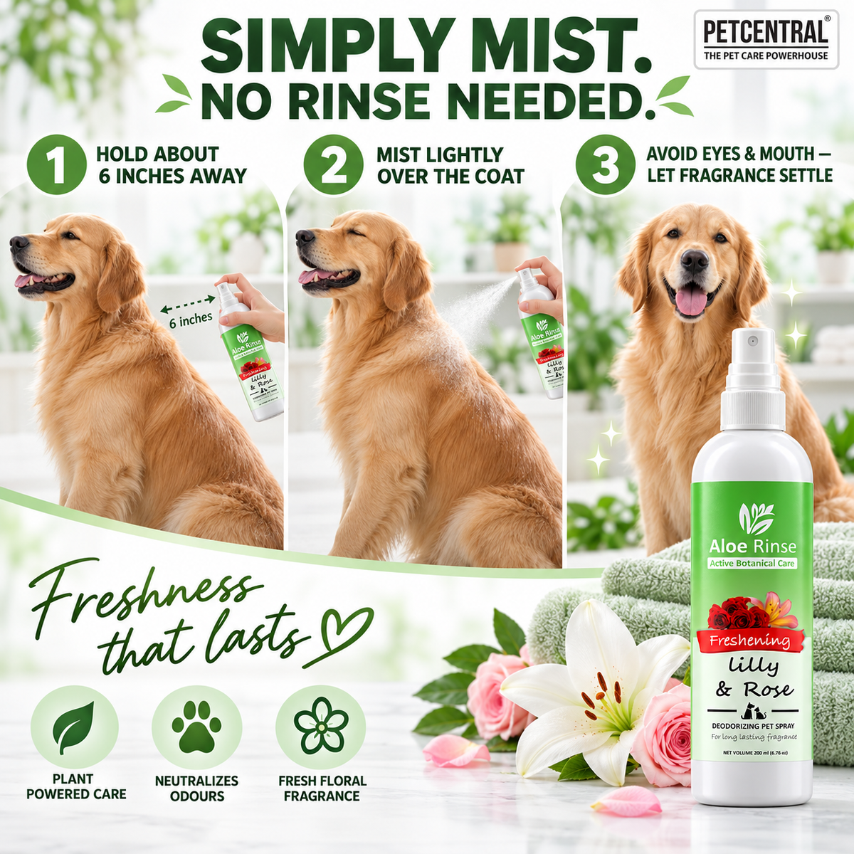 Aloe Rinse Lily & Rose Freshening Spray for Dogs & Cats - Deodorising Coat Perfume & Grooming Mist, 200 ml