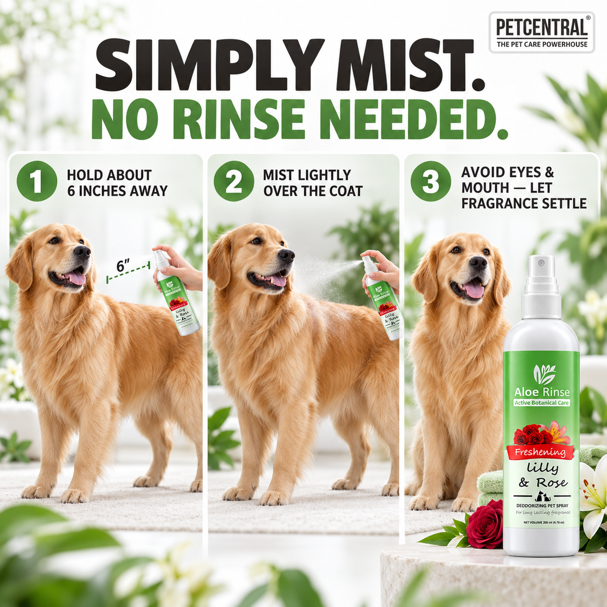 Aloe Rinse Lily & Rose Freshening Spray for Dogs & Cats - Deodorising Coat Perfume & Grooming Mist, 200 ml