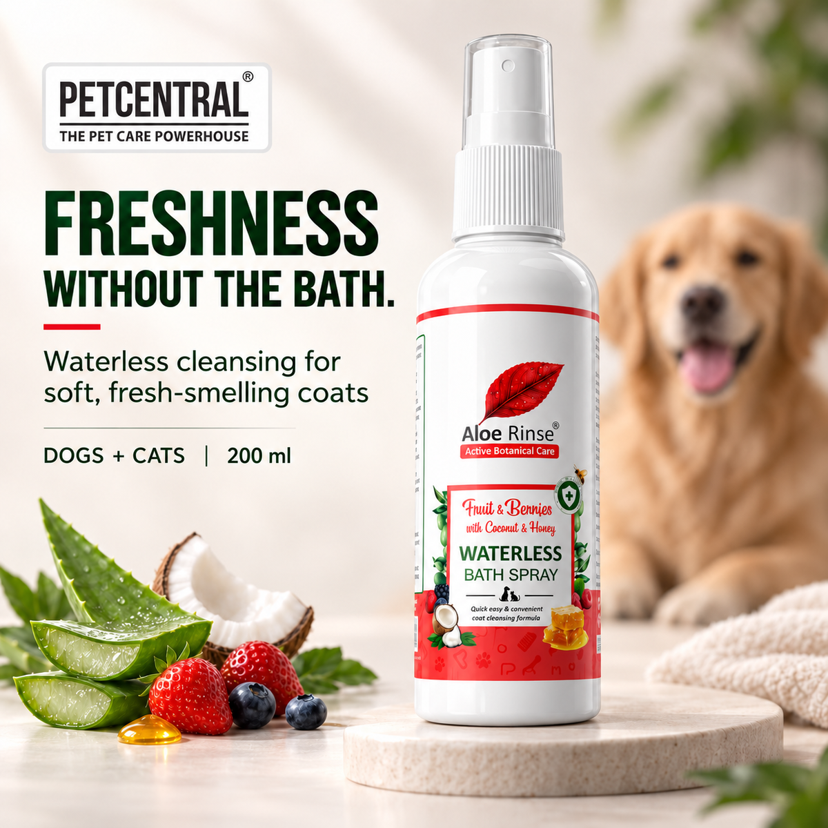 Aloe Rinse Fruit & Berries Waterless Bath Spray for Dogs & Cats | No-Rinse Dry Shampoo | Coconut, Honey & Aloe Vera | 200 ml