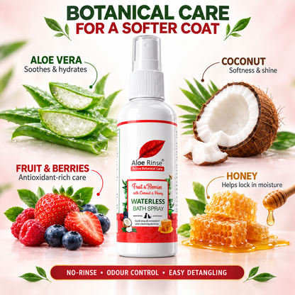 Aloe Rinse Fruit & Berries Waterless Bath Spray for Dogs & Cats | No-Rinse Dry Shampoo | Coconut, Honey & Aloe Vera | 200 ml