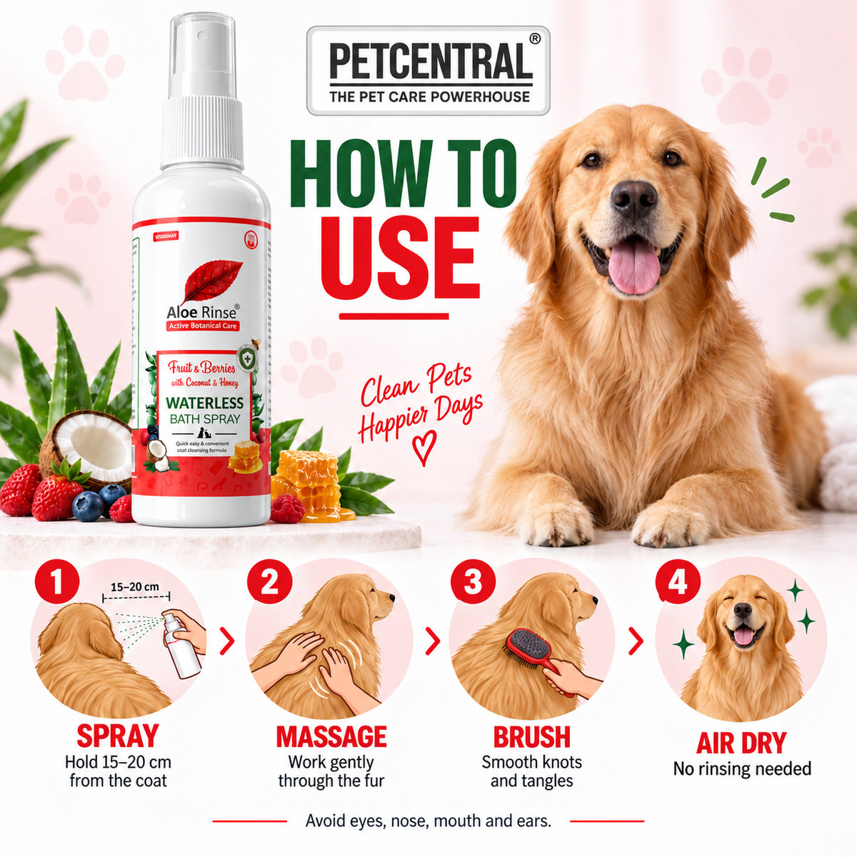 Aloe Rinse Fruit & Berries Waterless Bath Spray for Dogs & Cats | No-Rinse Dry Shampoo | Coconut, Honey & Aloe Vera | 200 ml