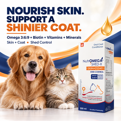 NutrOMEGA SHED-X Omega 3-6-9 Liquid Supplement for Dogs & Cats | Reduces Shedding, Supports Skin & Coat Health | Biotin, Vitamins A, D3, E, Zinc & Selenium | 200 ml