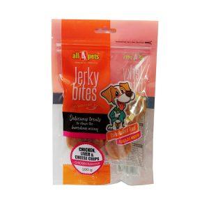 ALL4PETS JERKY BITES-CHICKEN LIVER AND CHEESE CHIPS-100G