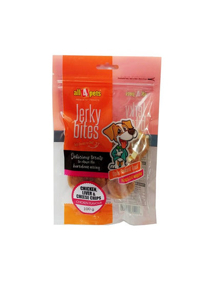 ALL4PETS JERKY BITES-CHICKEN LIVER AND CHEESE CHIPS-100G