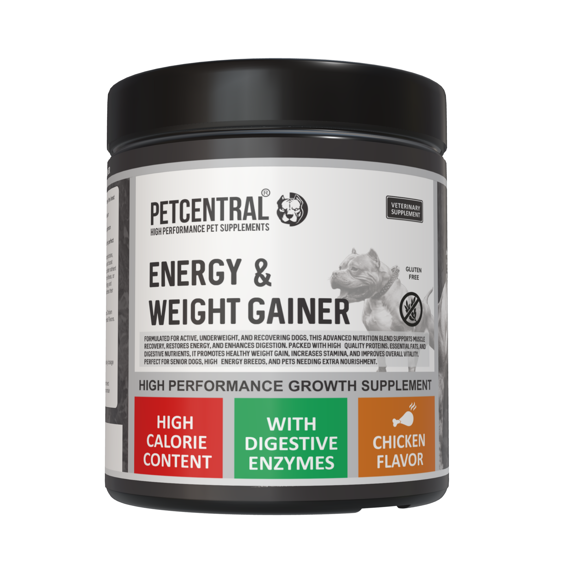 A container of PETCENTRAL Energy & Weight Gainer for Dogs with high-calorie content, featuring digestive enzymes, and chicken flavor.