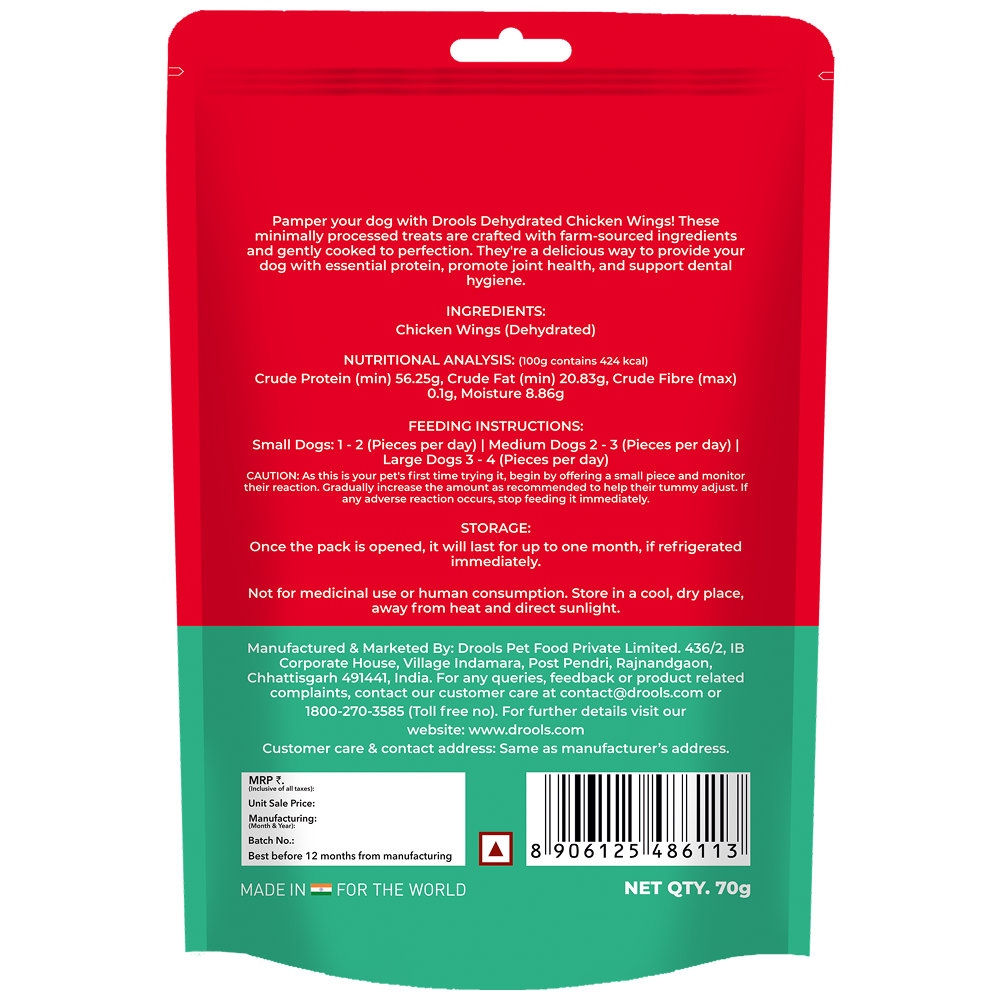 Drools Dehydrated Real Chicken Wing Chews Treat for Dogs