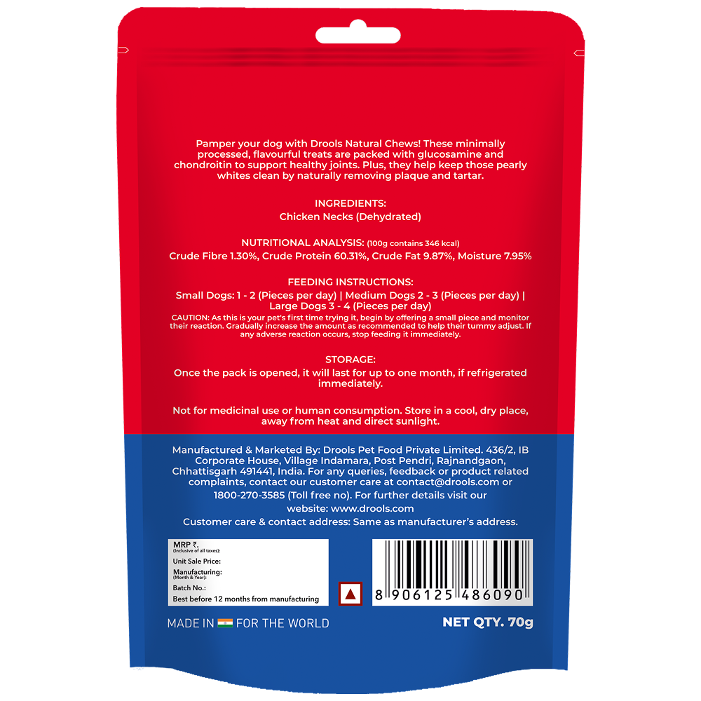 Drools Dehydrated Real Chicken Necks Chews Treat for Dogs