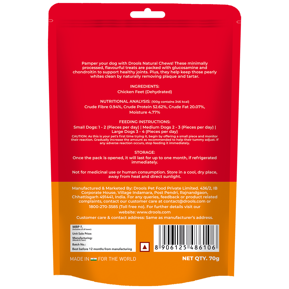 Drools Dehydrated Real Chicken Feet Chews Treat for Dogs