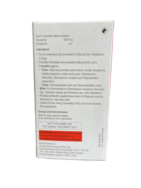 Aventix Fluralaner Chewable 1000 mg (20 to 40 kg) Tablet for Dogs – Flea & Tick Control (Intas)