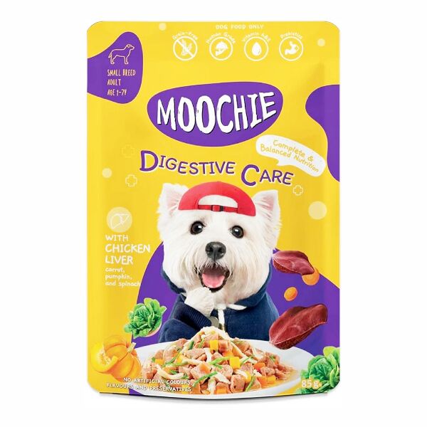 Moochie Digestive Care wet dog food pouch with chicken liver gravy, grain-free and nutritious for small breed adult dogs