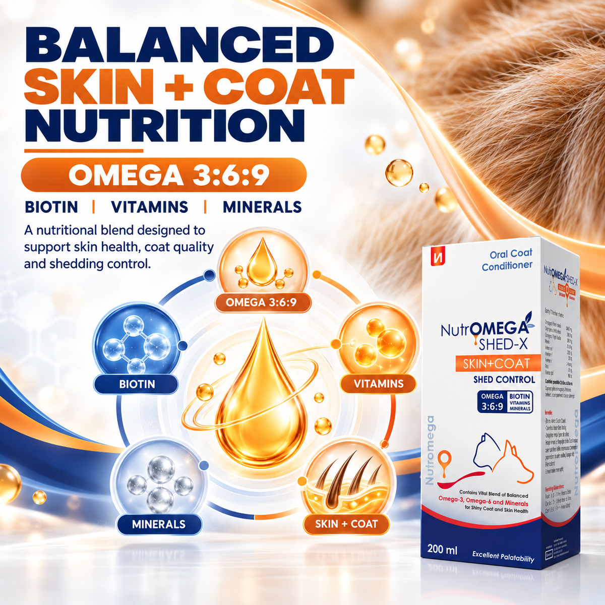 NutrOMEGA SHED-X Omega 3-6-9 Liquid Supplement for Dogs & Cats | Reduces Shedding, Supports Skin & Coat Health | Biotin, Vitamins A, D3, E, Zinc & Selenium | 200 ml