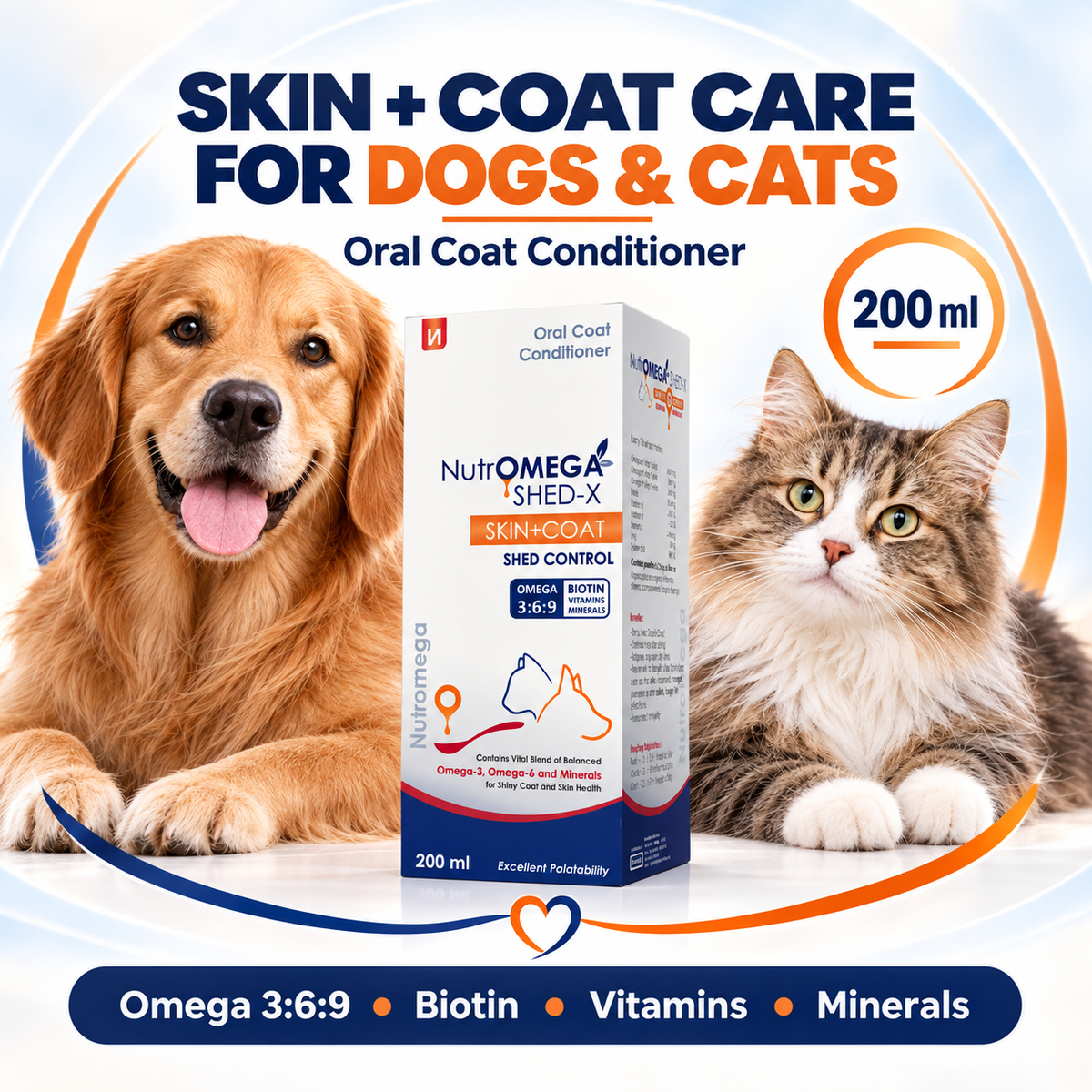 NutrOMEGA SHED-X Omega 3-6-9 Liquid Supplement for Dogs & Cats | Reduces Shedding, Supports Skin & Coat Health | Biotin, Vitamins A, D3, E, Zinc & Selenium | 200 ml