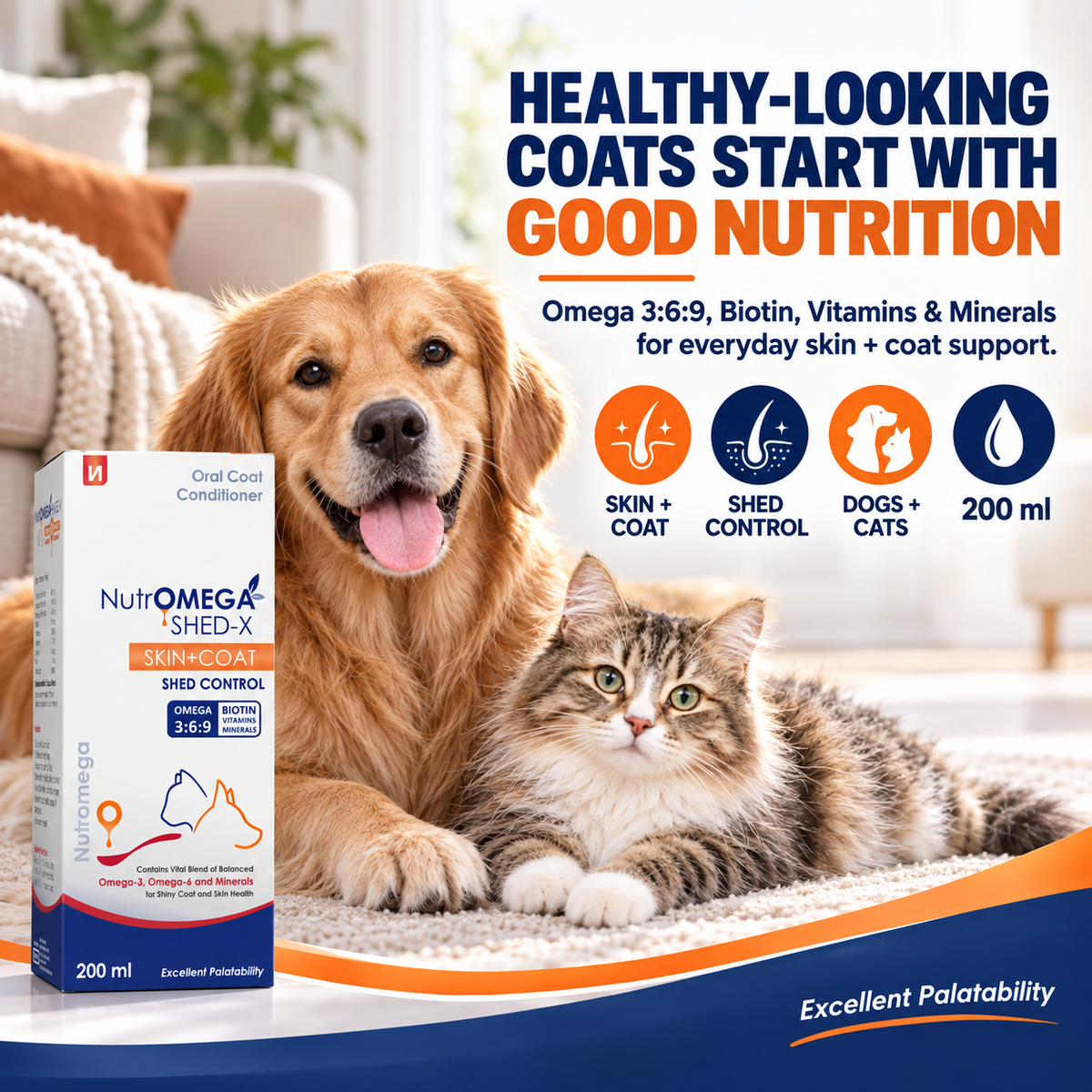 NutrOMEGA SHED-X Omega 3-6-9 Liquid Supplement for Dogs & Cats | Reduces Shedding, Supports Skin & Coat Health | Biotin, Vitamins A, D3, E, Zinc & Selenium | 200 ml