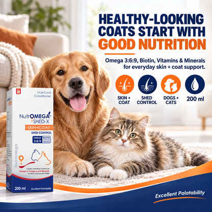 NutrOMEGA SHED-X Omega 3-6-9 Liquid Supplement for Dogs & Cats | Reduces Shedding, Supports Skin & Coat Health | Biotin, Vitamins A, D3, E, Zinc & Selenium | 200 ml