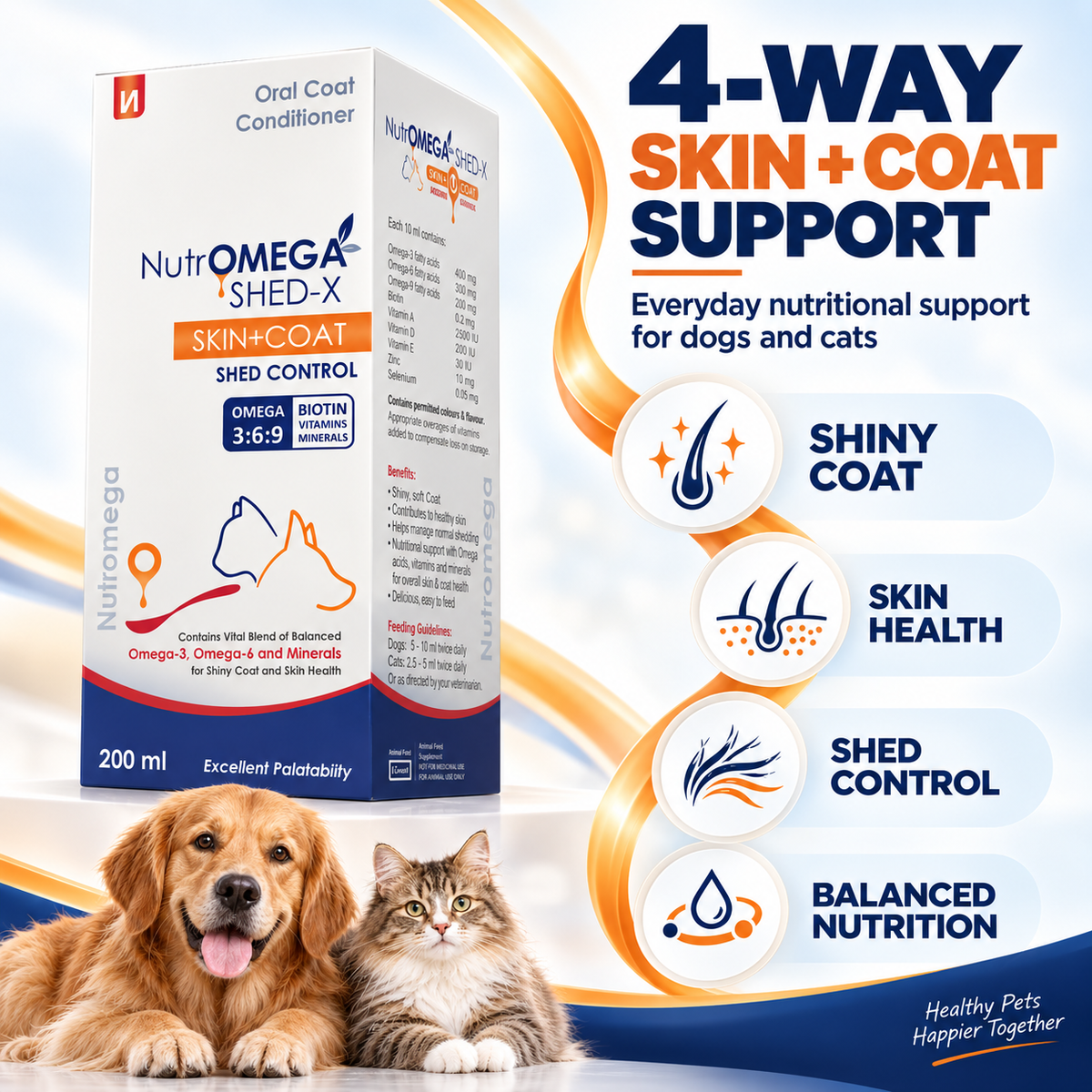 NutrOMEGA SHED-X Omega 3-6-9 Liquid Supplement for Dogs & Cats | Reduces Shedding, Supports Skin & Coat Health | Biotin, Vitamins A, D3, E, Zinc & Selenium | 200 ml