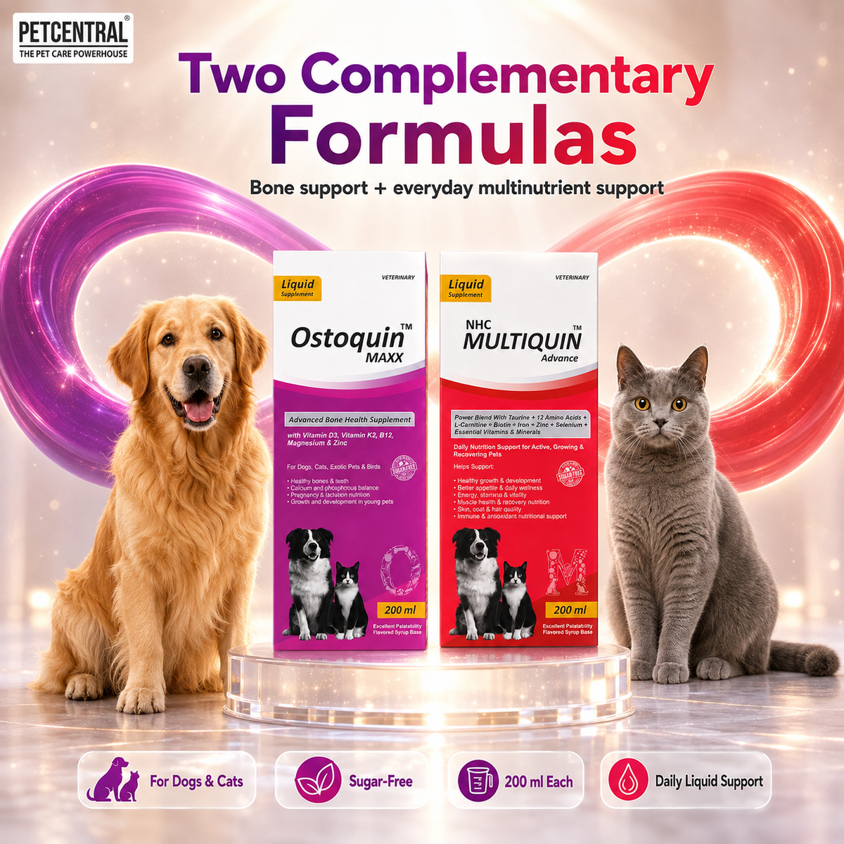Ostoquin Maxx + NHC Multiquin Advance Daily Nutrition Combo for Dogs & Cats | Bone & Mineral + Multivitamin, Amino Acids & Taurine | Sugar-Free Liquid | 200 ml Each | Pack of 2