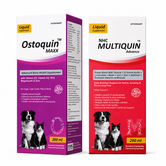 Ostoquin Maxx + NHC Multiquin Advance Daily Nutrition Combo for Dogs & Cats | Bone & Mineral + Multivitamin, Amino Acids & Taurine | Sugar-Free Liquid | 200 ml Each | Pack of 2
