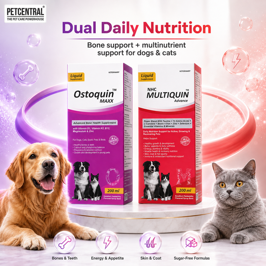 Ostoquin Maxx + NHC Multiquin Advance Daily Nutrition Combo for Dogs & Cats | Bone & Mineral + Multivitamin, Amino Acids & Taurine | Sugar-Free Liquid | 200 ml Each | Pack of 2