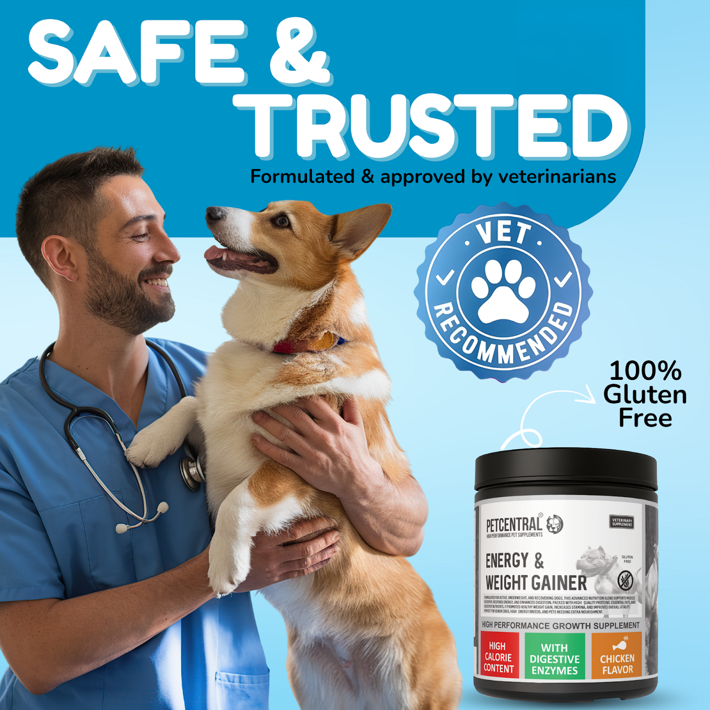 Noventis PETCENTRAL Energy & Weight Gainer for Dogs with high-calorie content, featuring digestive enzymes, and chicken flavor, highly palatable