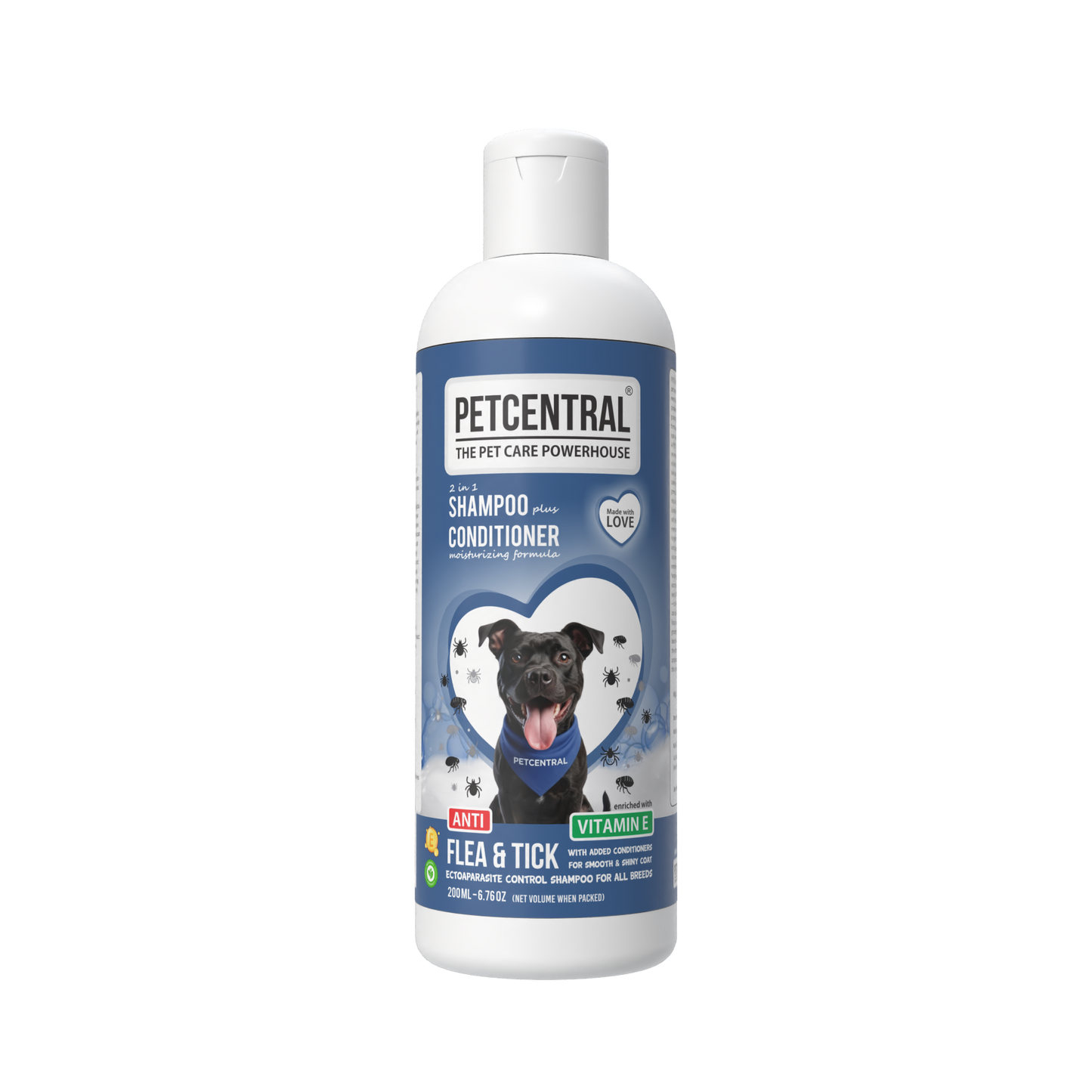 PETCENTRAL Natural Anti Flea & Tick 2-in-1 Pet Shampoo + Conditioner | Herbal Flea Tick Lice Control | Neem, Citronella, Eucalyptus & Aloe Vera | For Dogs & Cats