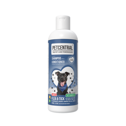PETCENTRAL Natural Anti Flea & Tick 2-in-1 Pet Shampoo + Conditioner | Herbal Flea Tick Lice Control | Neem, Citronella, Eucalyptus & Aloe Vera | For Dogs & Cats