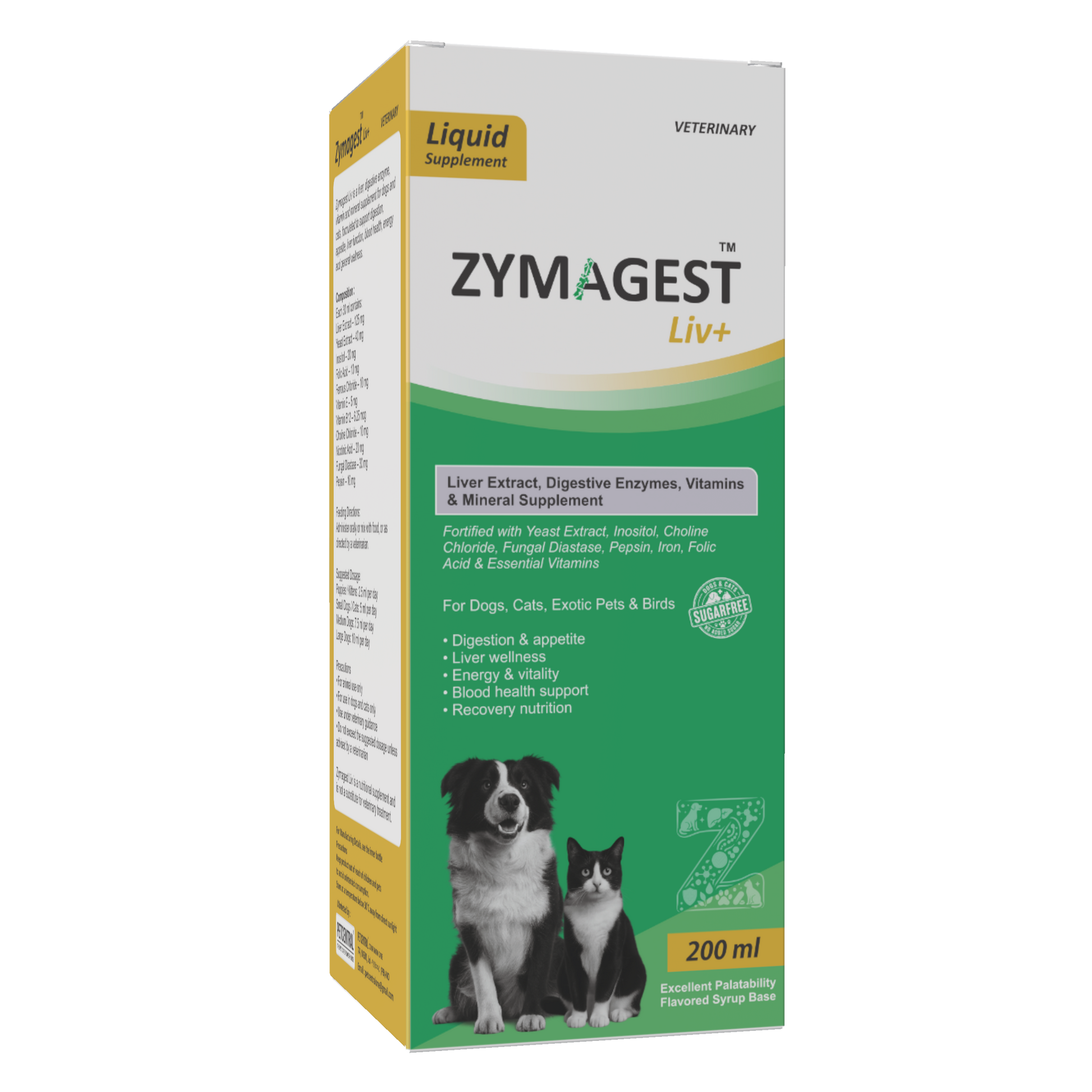 A box of ZymAgest Liv+ liquid supplement for dogs and cats, featuring a white and green design with yellow accents and photos of a dog and a cat on the front.
