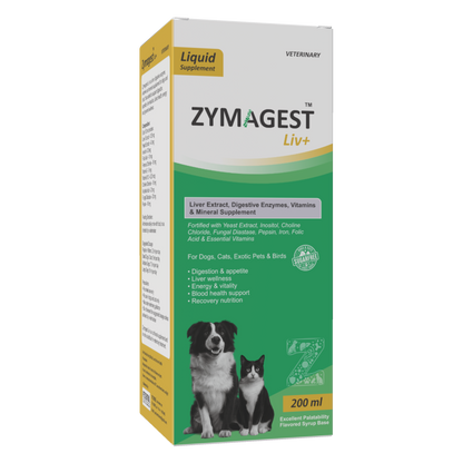 A box of ZymAgest Liv+ liquid supplement for dogs and cats, featuring a white and green design with yellow accents and photos of a dog and a cat on the front.
