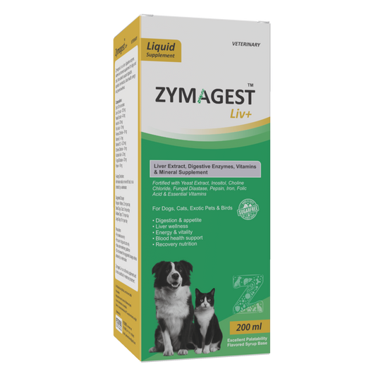 A box of ZymAgest Liv+ liquid supplement for dogs and cats, featuring a white and green design with yellow accents and photos of a dog and a cat on the front.