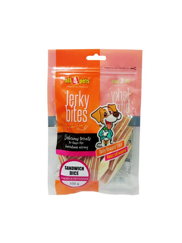 ALL4PETS JERKY BITES – SANDWICH DICE (CHICKEN & FISH FLAVOUR) – 100G