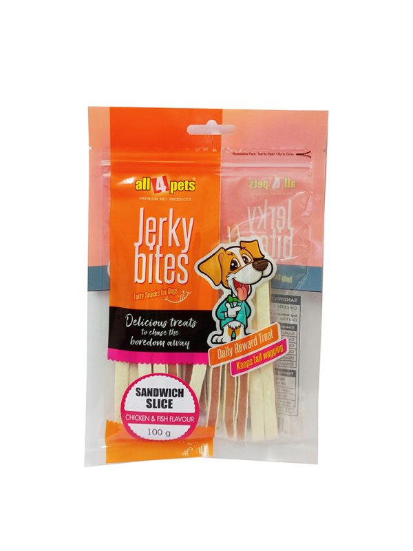 ALL4PETS JERKY BITES – SANDWICH SLICE (CHICKEN & FISH FLAVOUR) -100G