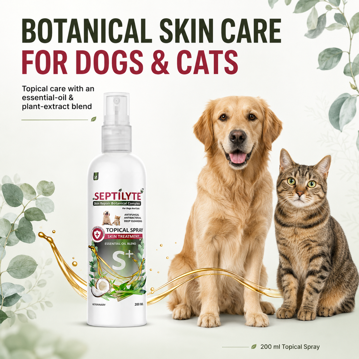 Septilyte Botanical Skin Treatment Spray for Dogs & Cats | Antifungal, Antibacterial, Deep Cleansing | Tea Tree, Neem & Aloe | 200 ml