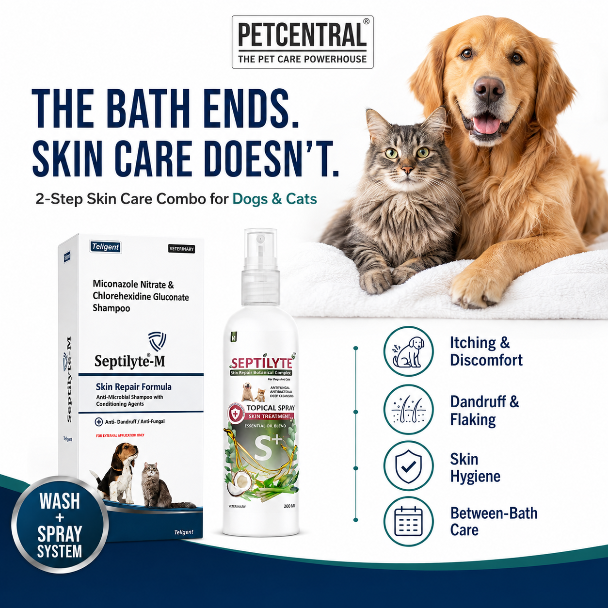 Septilyte Complete Skin Care Combo for Dogs & Cats | Septilyte-M Miconazole 1% + Chlorhexidine 2% Medicated Shampoo 200ml + Botanical Skin Treatment Spray 200ml | Pack of 2