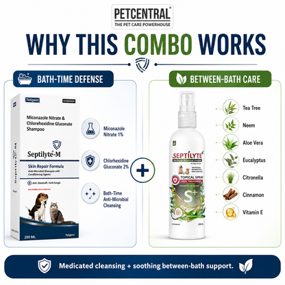 Septilyte Complete Skin Care Combo for Dogs & Cats | Septilyte-M Miconazole 1% + Chlorhexidine 2% Medicated Shampoo 200ml + Botanical Skin Treatment Spray 200ml | Pack of 2