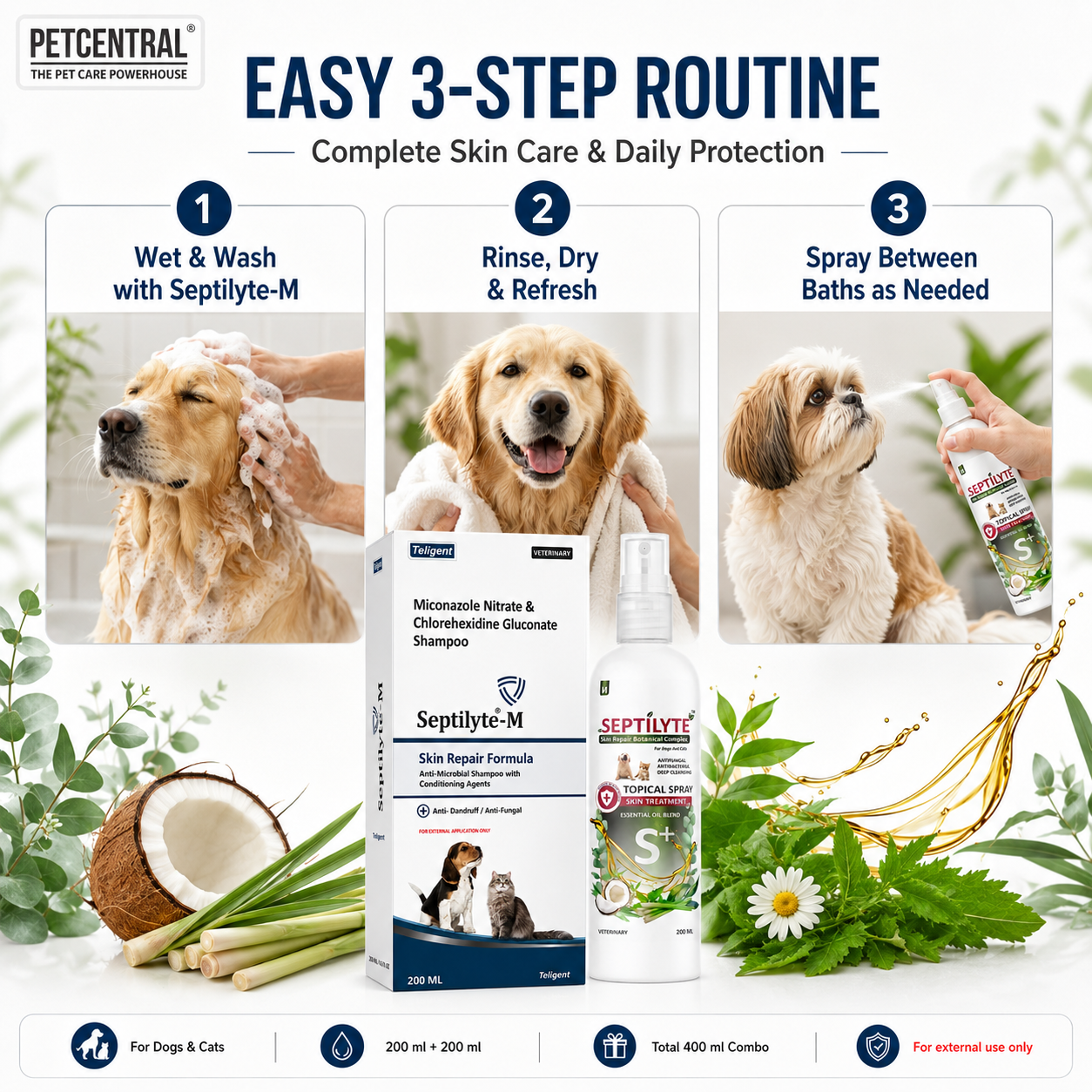 Septilyte Complete Skin Care Combo for Dogs & Cats | Septilyte-M Miconazole 1% + Chlorhexidine 2% Medicated Shampoo 200ml + Botanical Skin Treatment Spray 200ml | Pack of 2