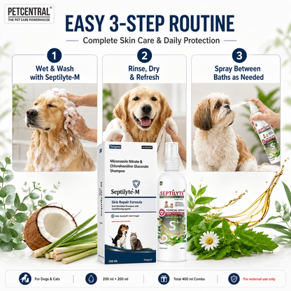 Septilyte Complete Skin Care Combo for Dogs & Cats | Septilyte-M Miconazole 1% + Chlorhexidine 2% Medicated Shampoo 200ml + Botanical Skin Treatment Spray 200ml | Pack of 2