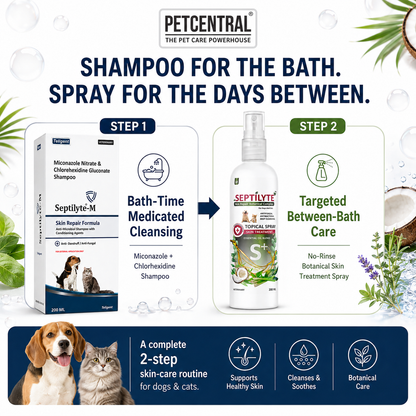 Septilyte Complete Skin Care Combo for Dogs & Cats | Septilyte-M Miconazole 1% + Chlorhexidine 2% Medicated Shampoo 200ml + Botanical Skin Treatment Spray 200ml | Pack of 2