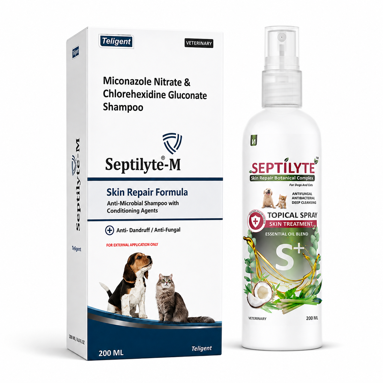Septilyte Complete Skin Care Combo for Dogs & Cats | Septilyte-M Miconazole 1% + Chlorhexidine 2% Medicated Shampoo 200ml + Botanical Skin Treatment Spray 200ml | Pack of 2