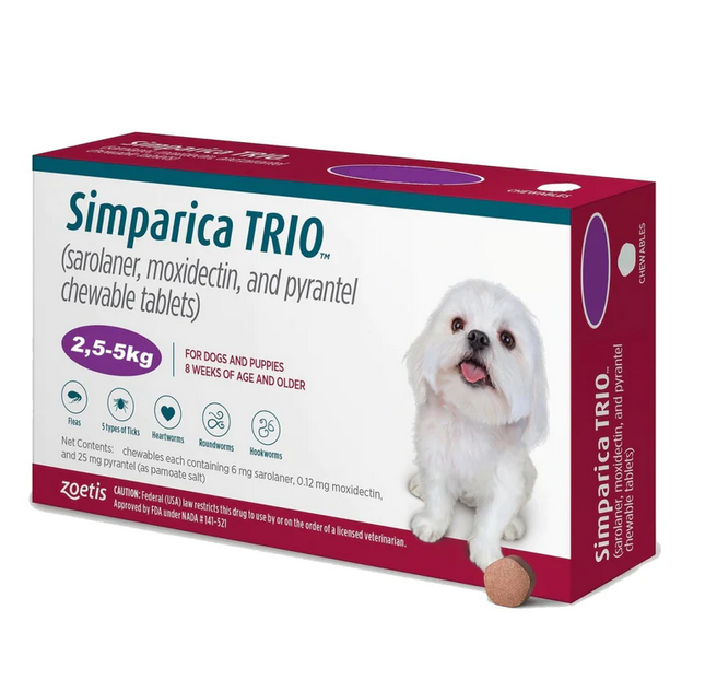 Zoetis Simparica Trio Chewable Tablets for Dogs - 1 Month Protection (1 Pack, 3 Tablets)