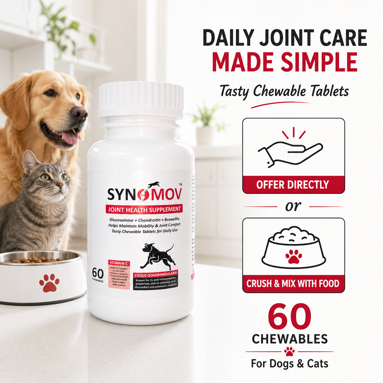 Synomov Joint Health Chewables for Dogs & Cats - 60 chewable tablets