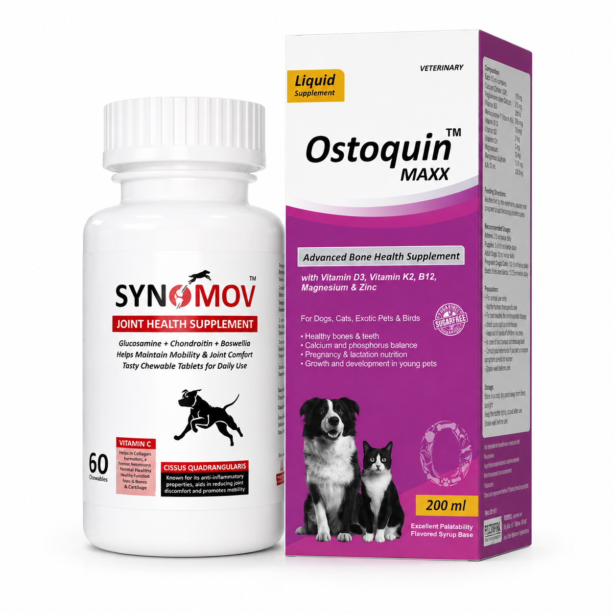 Pet Central Joint & Bone Mobility Combo for Dogs & Cats | Synomov Joint Health 60 Chewable Tablets + Ostoquin Maxx Bone Health Supplement 200 ml
