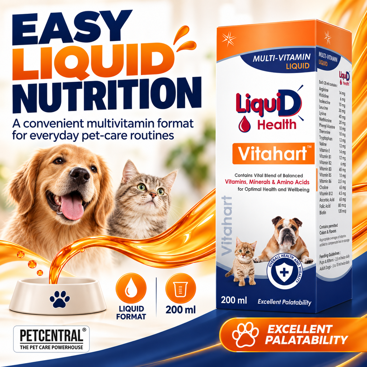 Vitahart Multivitamin Liquid for Dogs & Cats | Daily Vitamin, Mineral & Amino Acid Supplement | 200 ml