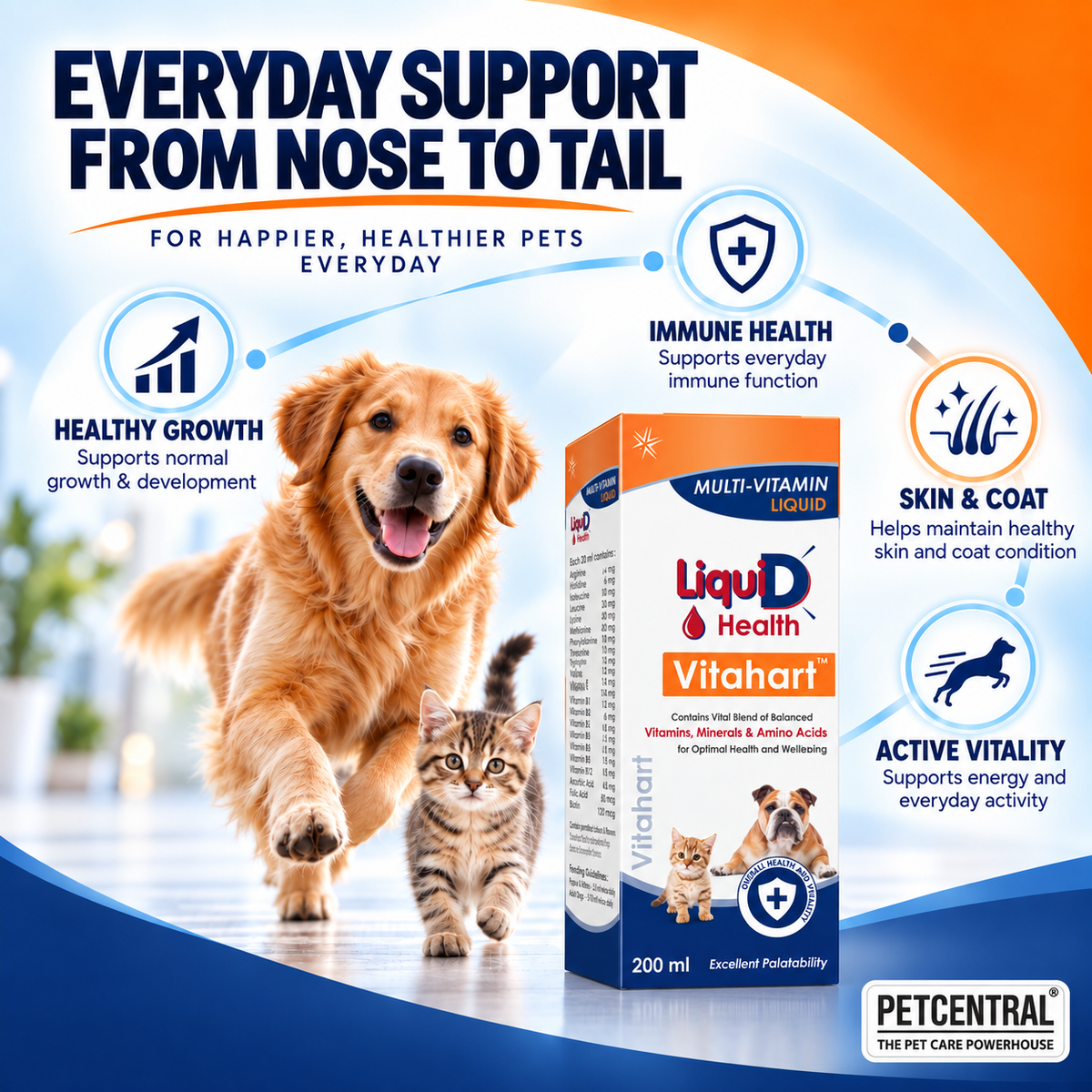 Vitahart Multivitamin Liquid for Dogs & Cats | Daily Vitamin, Mineral & Amino Acid Supplement | 200 ml