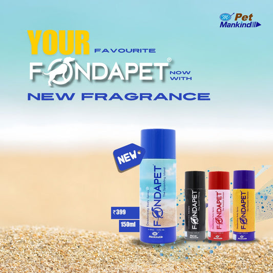 Fondapet Deodorant for Pets 150ml with new fragrance options displayed on sandy beach background