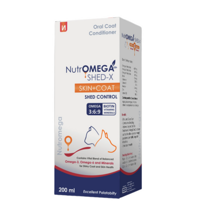 NutrOMEGA SHED-X Omega 3-6-9 Liquid Supplement for Dogs & Cats | Reduces Shedding, Supports Skin & Coat Health | Biotin, Vitamins A, D3, E, Zinc & Selenium | 200 ml