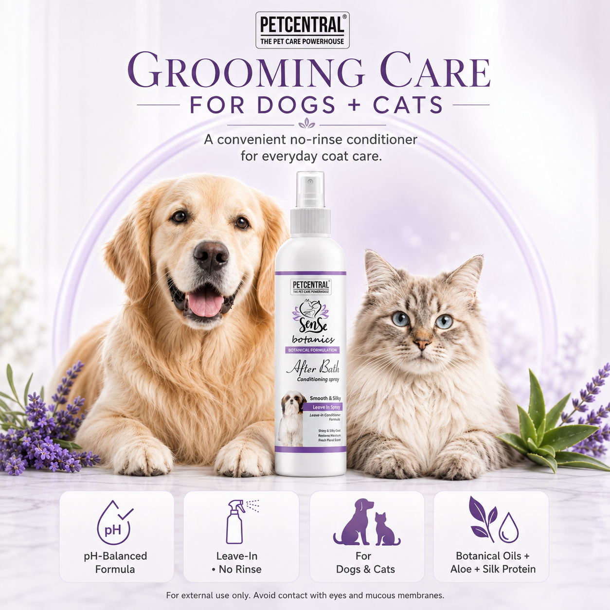 Sense Botanics After Bath Leave-In Conditioning Spray for Dogs & Cats | Detangles, Softens & Adds Shine | Coconut Oil, Aloe Vera, Silk Protein & Vitamin E | No-Rinse Formula | 200 ml