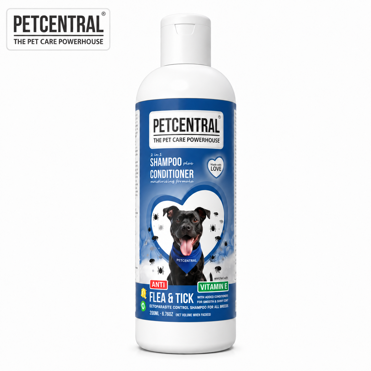 PETCENTRAL Natural Anti Flea & Tick 2-in-1 Pet Shampoo + Conditioner | Herbal Flea Tick Lice Control | Neem, Citronella, Eucalyptus & Aloe Vera | For Dogs & Cats